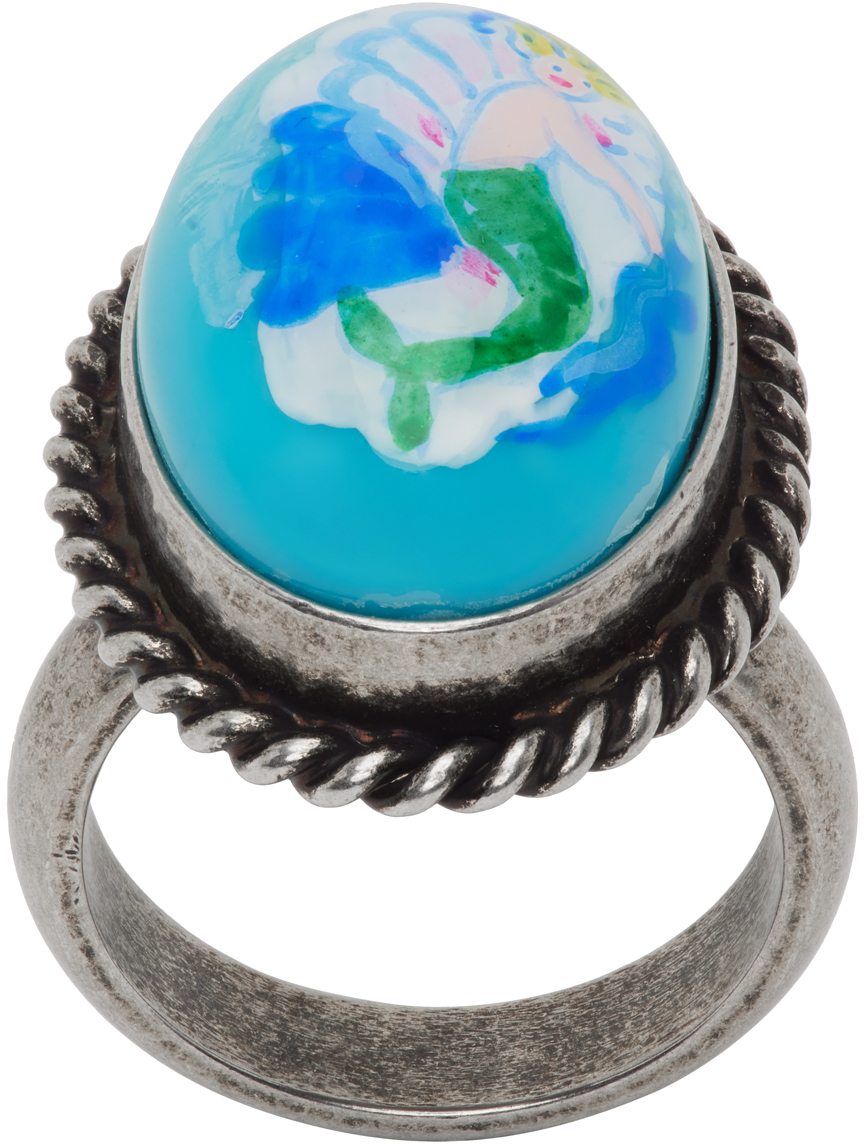 Silver & Blue Cabochon Ring by Marni on Sale