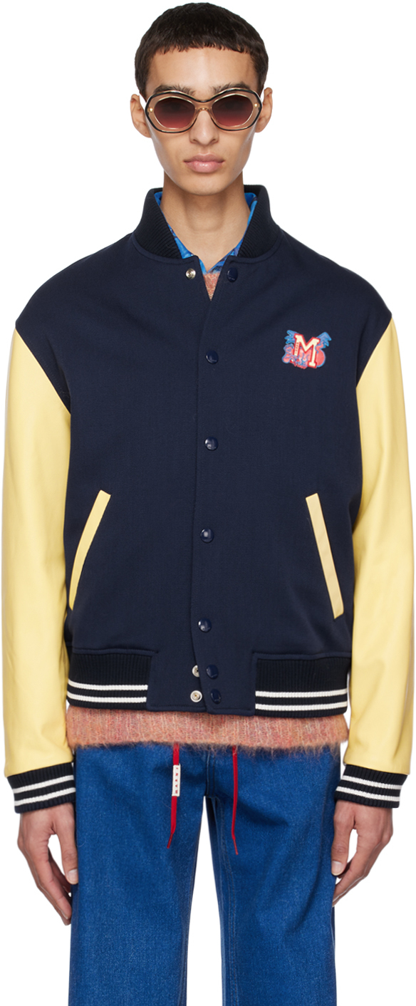 Marni: Navy & Yellow Varsity Bomber Jacket | SSENSE UK