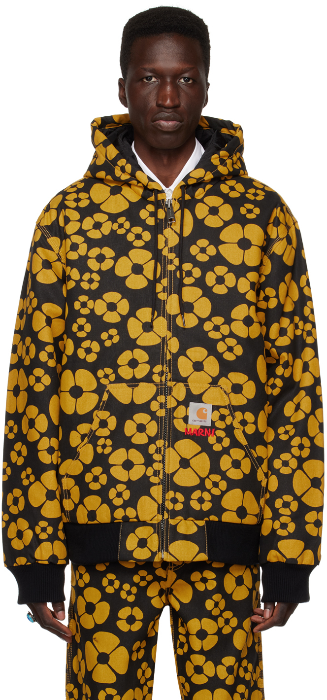 Marni Allover Floral Printed Hooded Jacket In Yellow