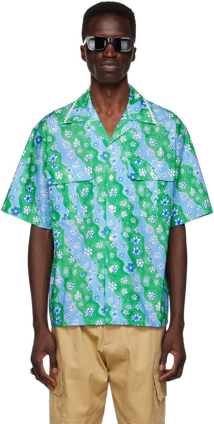 Shop Marni Green Stripy Flower Bowling Shirt In Sfv62 Sea Green