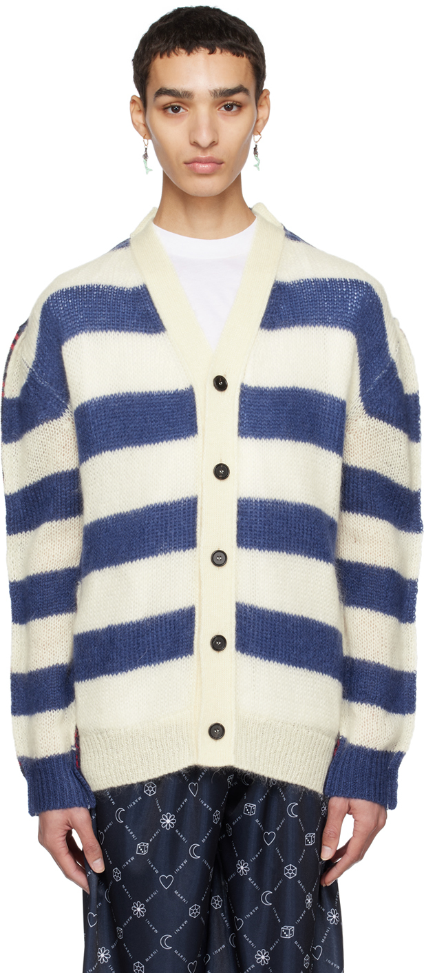 Marni: Blue Striped Cardigan | SSENSE Canada