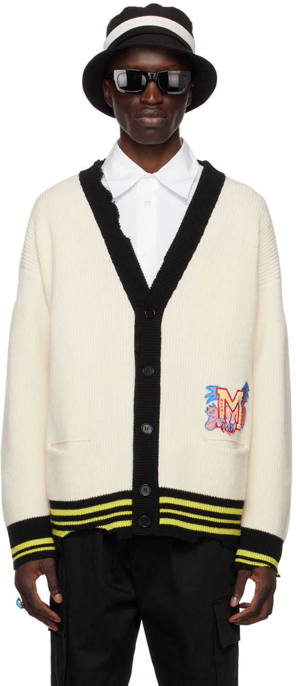 Shop Marni Off-white Distressed Patch Cardigan In 00w13 Antique White