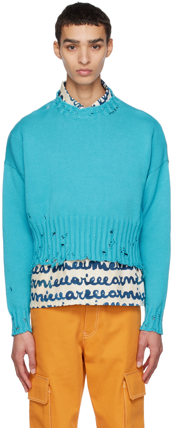 Marni Blue Distressed Sweater In 00b38 Turquoise