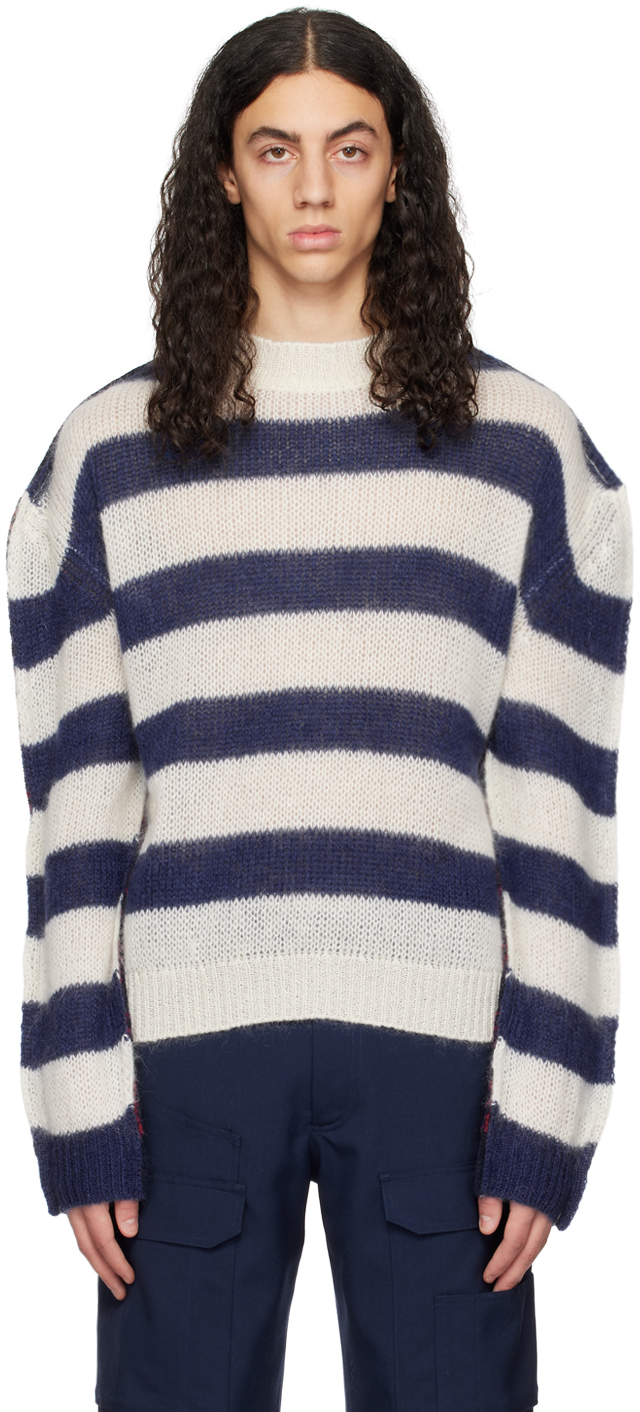 Marni: White & Navy Striped Sweater | SSENSE Canada