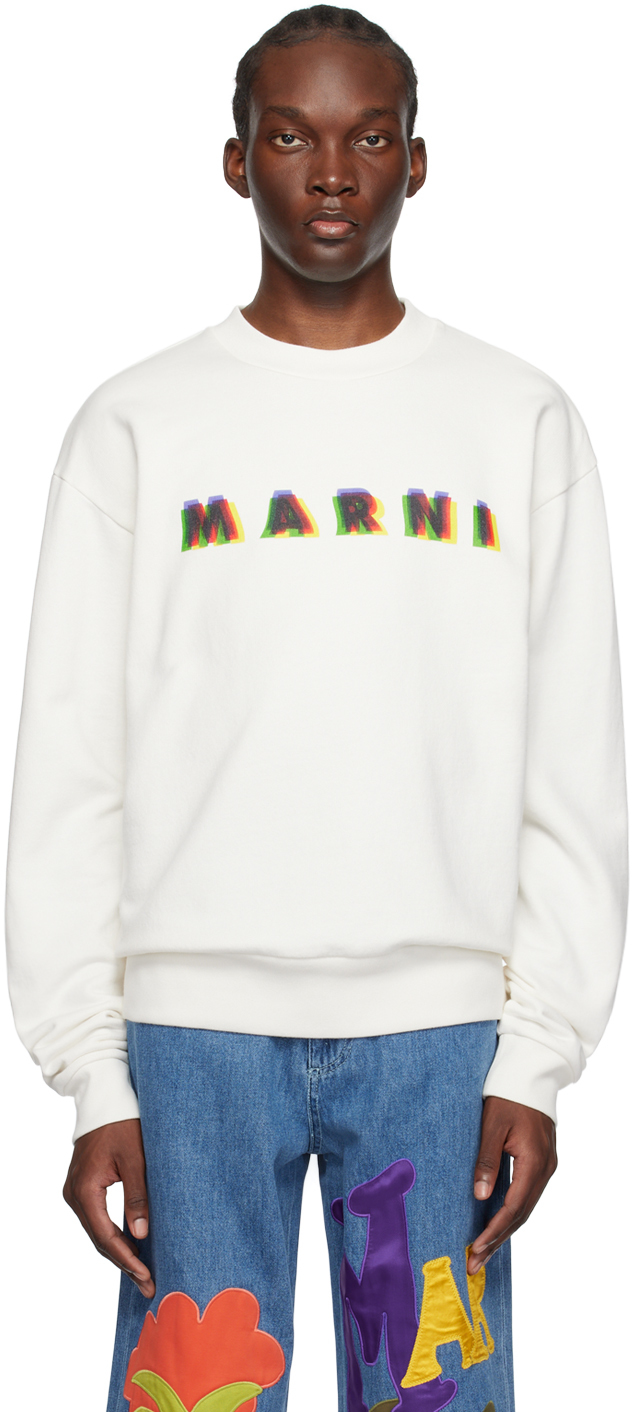 Shop Marni Off-white Printed Sweatshirt In Mcw03 Stone White