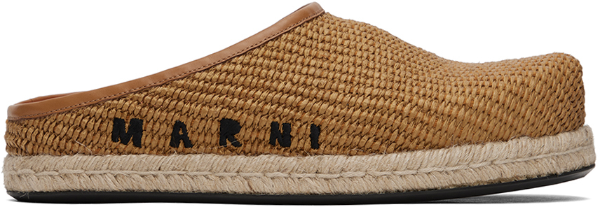 Marni Fussbett Leather-trimmed Logo-embroidered Faux Raffia Mules In Beige