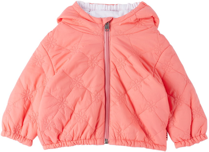 Marni Peachy Pink Quilted Jacket With Daisy Pattern And Hood