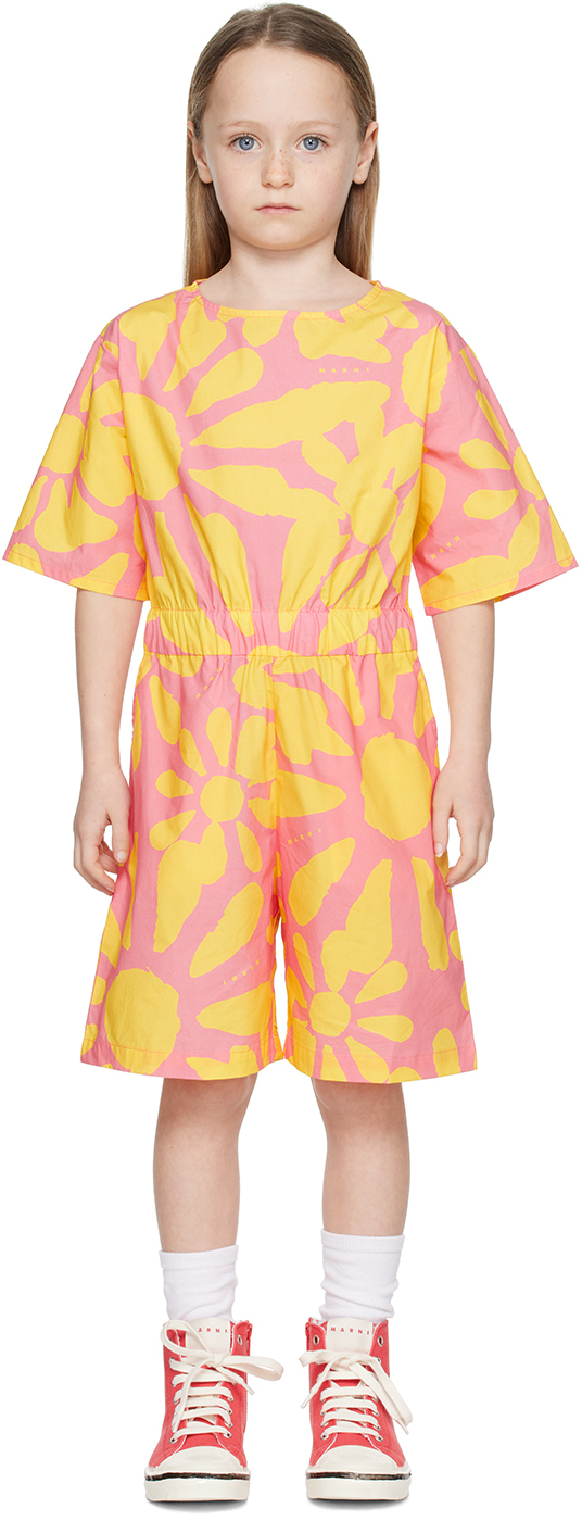 Marni Kids Pink & Yellow Floral Jumpsuit In 0m335