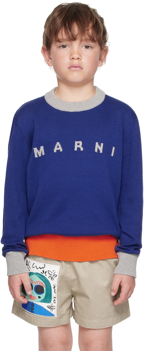 Marni Kids' Mk11u Knitwear  Blue Crew-neck Sweater With Jacquard Logo