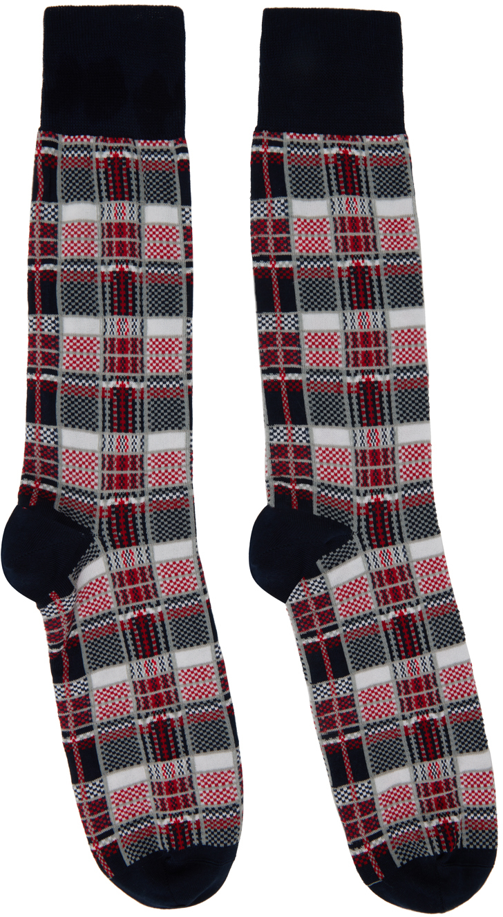 Thom Browne Navy Check Socks In 960 Rwbwht