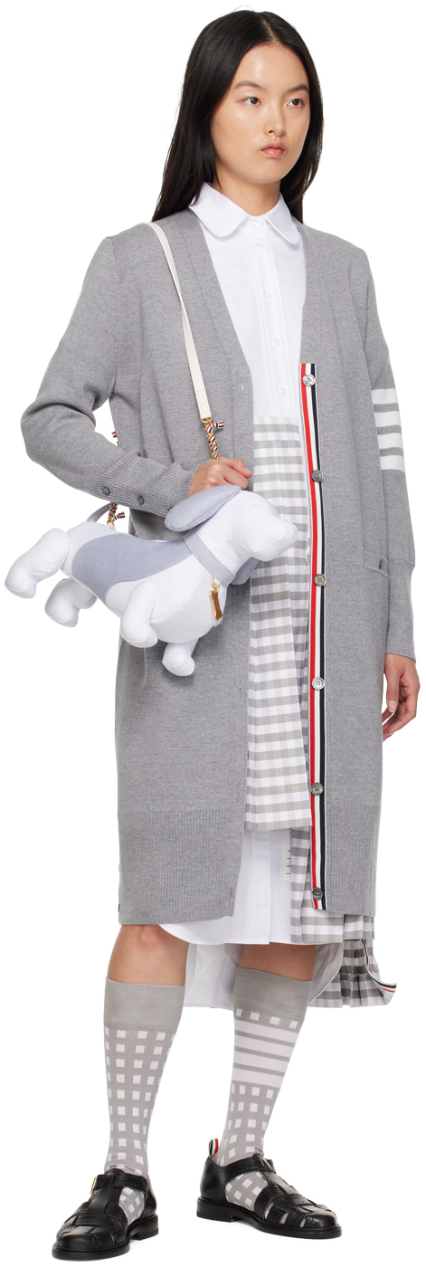 Thom Browne Virgn Wool Cardigan Dress With Sporty Stripe Detail In 055 Lt Grey