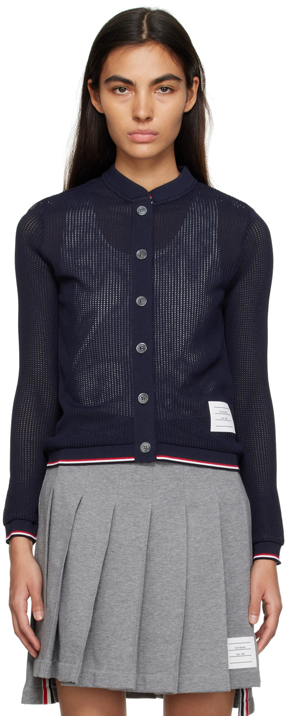 Thom Browne Viscose Mesh Tipping Crew Neck Cardigan In Blue