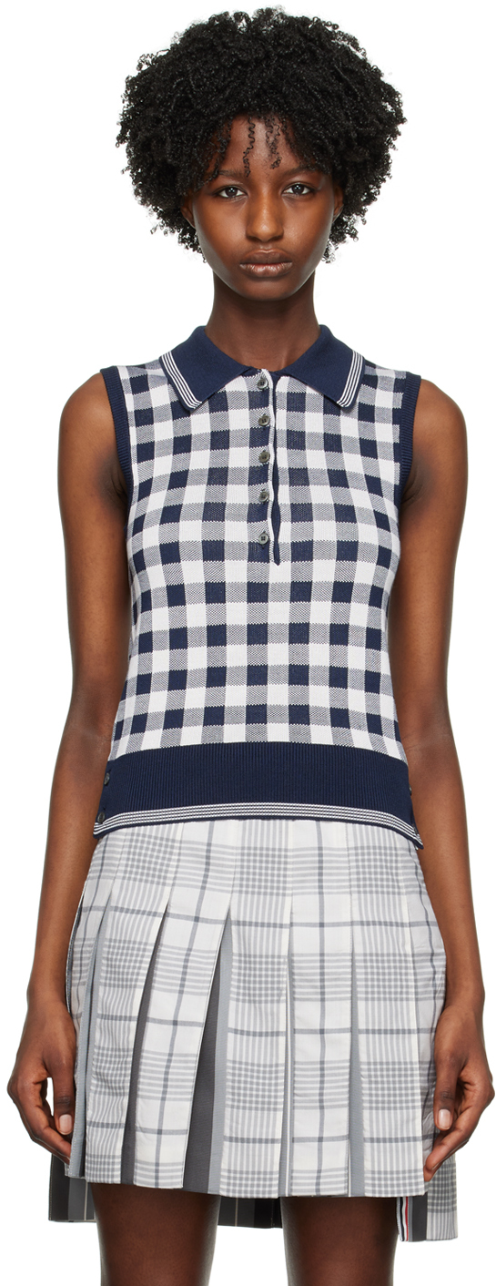 Shop Thom Browne Navy Check Polo In 415 Navy