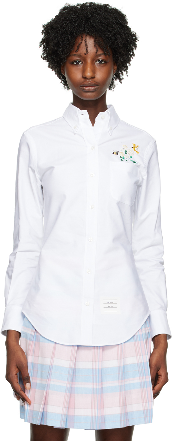 Thom Browne Embroidered Long-sleeve Shirt In 100 White