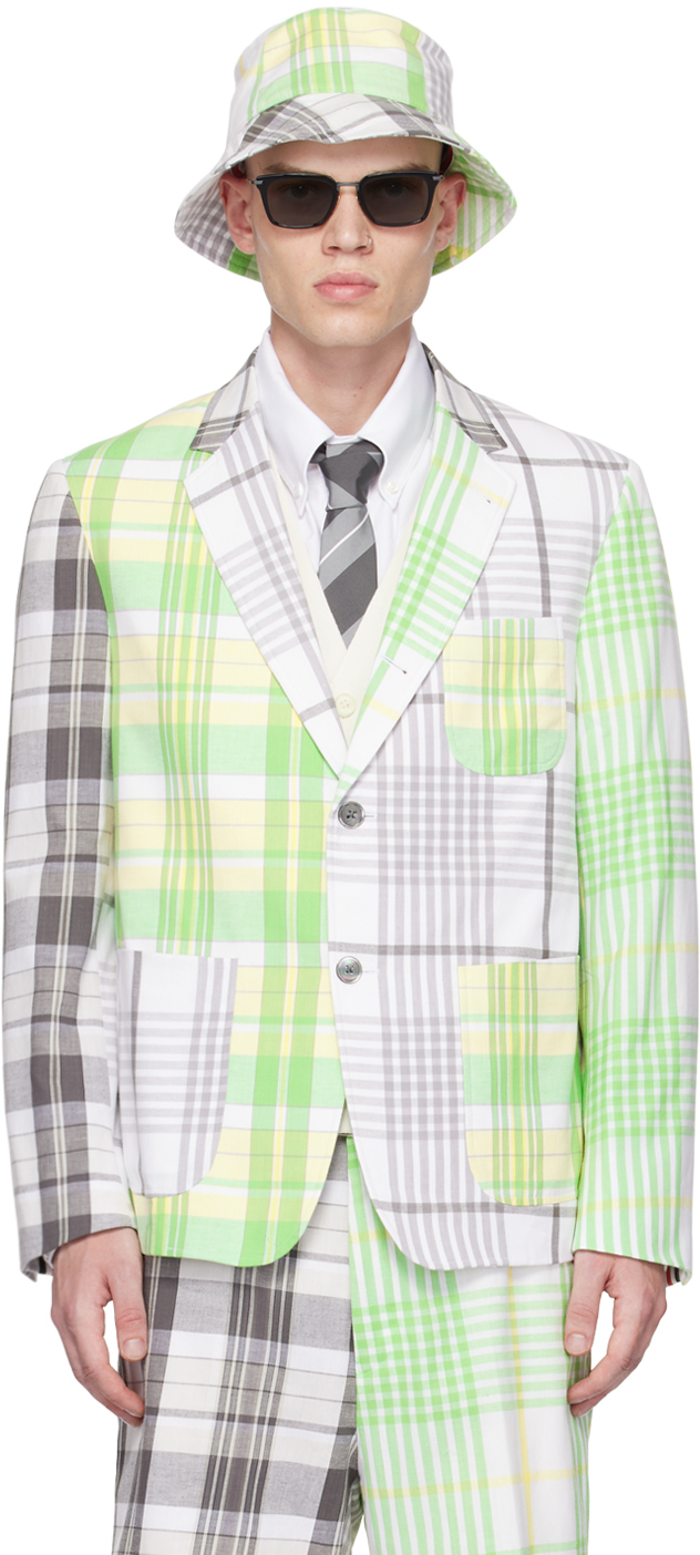 【関税込み】Thom Browne グレー Fun-Mix テーラードジャケット Thom Browneのグレー&グリーン Fun-Mix テーラードジャケットが