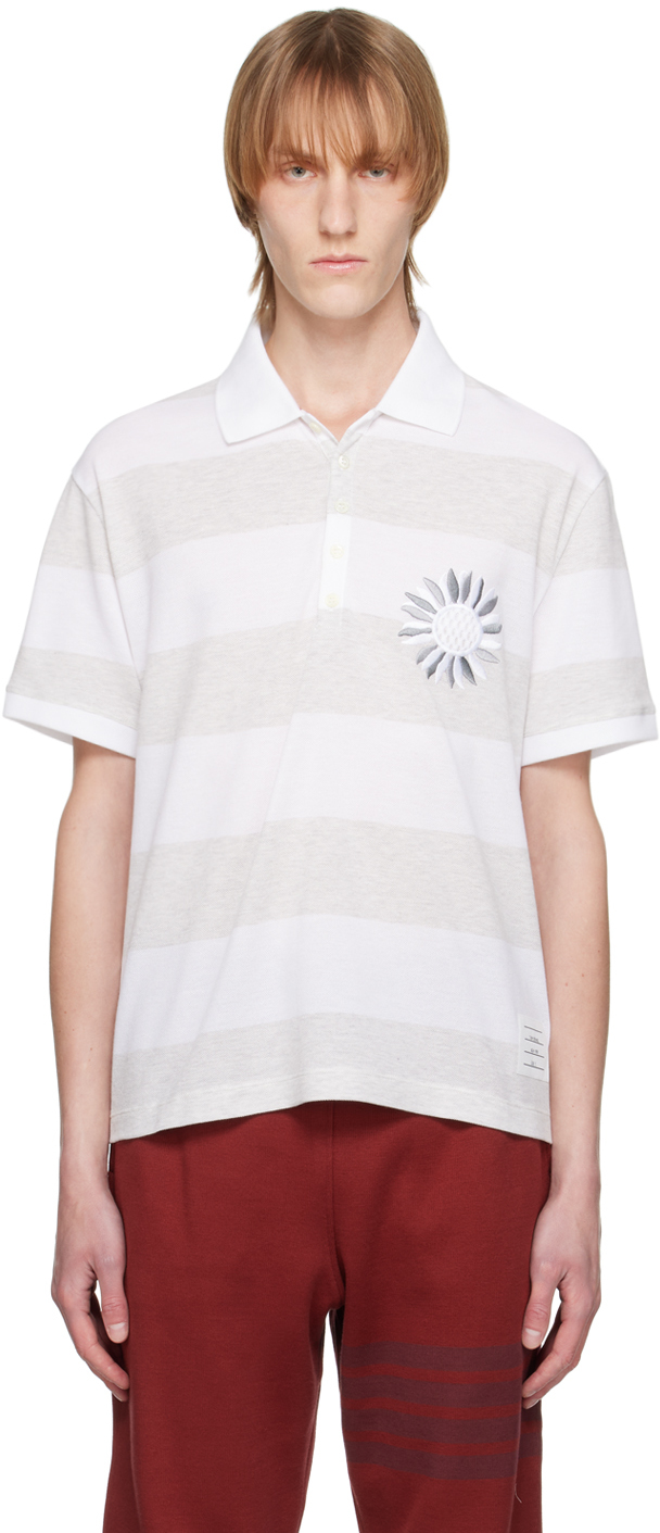 Thom Browne White & Grey Flower Rugby Polo In 057 Pale Grey/white