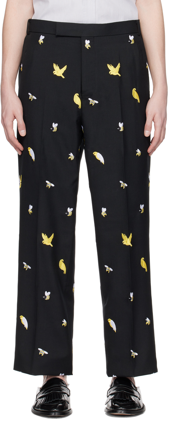 Thom Browne Birds And Bees Embroidered Straight-leg Trousers In Black