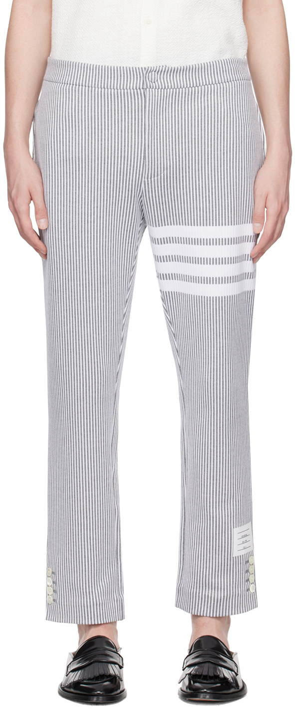 Thom Browne 4-bar Seersucker Tailored Trousers In Grey