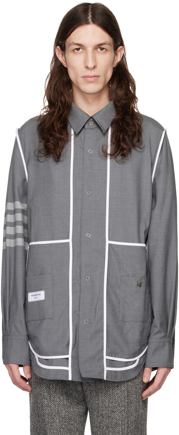 Thom Browne Gray Snap Front Shirt Jacket In 035 Med Grey