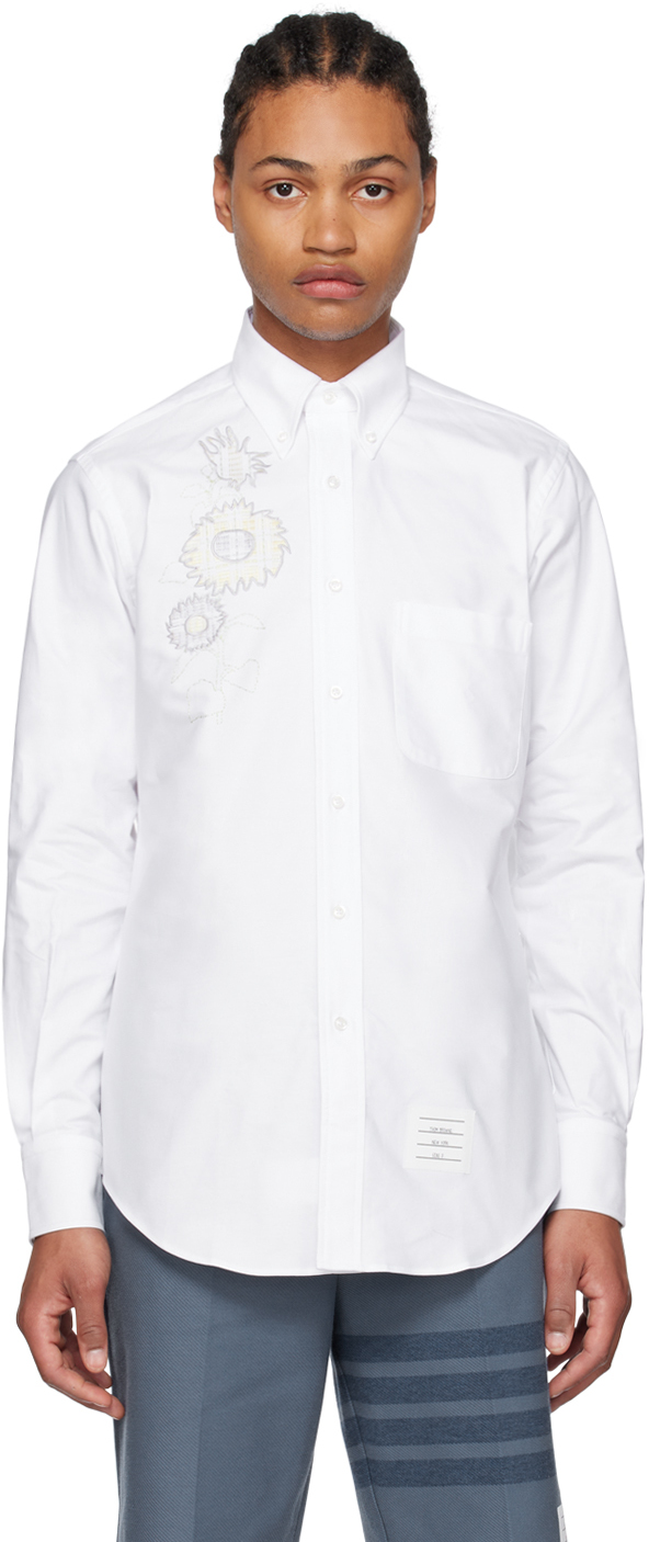 Thom Browne Madras Flower Patch Applique Point Collar Shirt In White