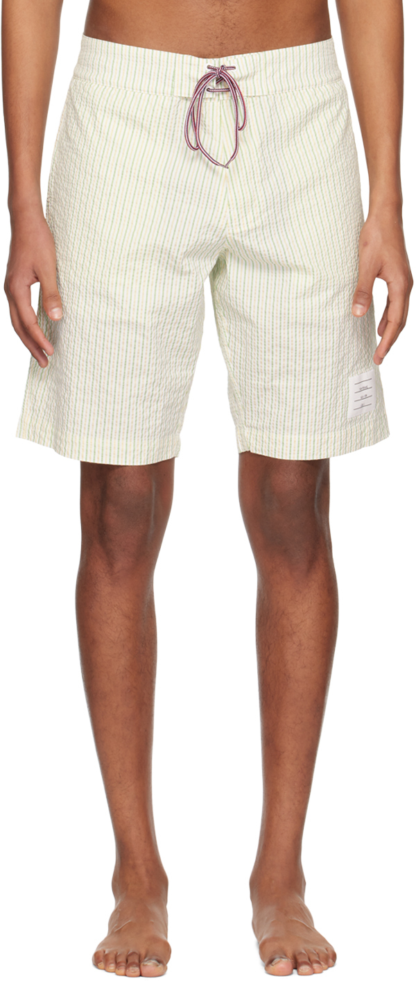 Thom Browne Green & Yellow Striped Swim Shorts SSENSE