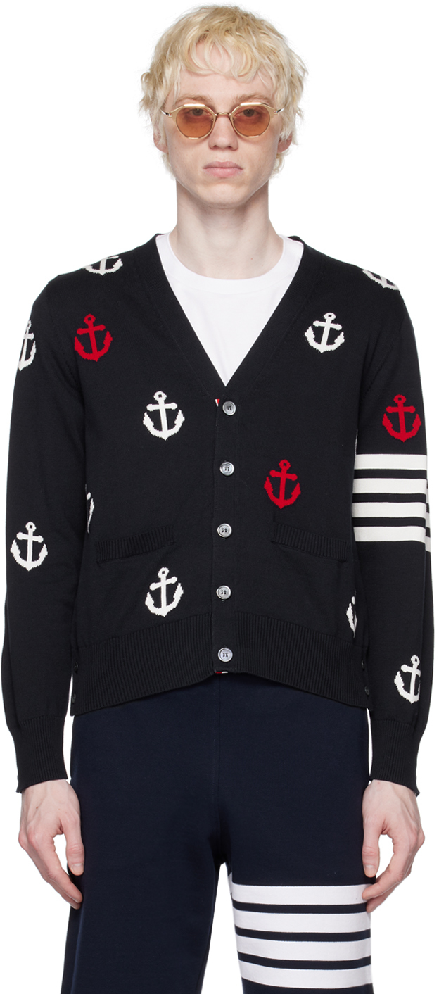 Thom Browne 4-bar Anchor Print Cardigan In 415 Navy