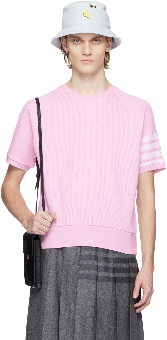 Thom Browne Pink 4-bar Waffle Short Sleeved Sweater