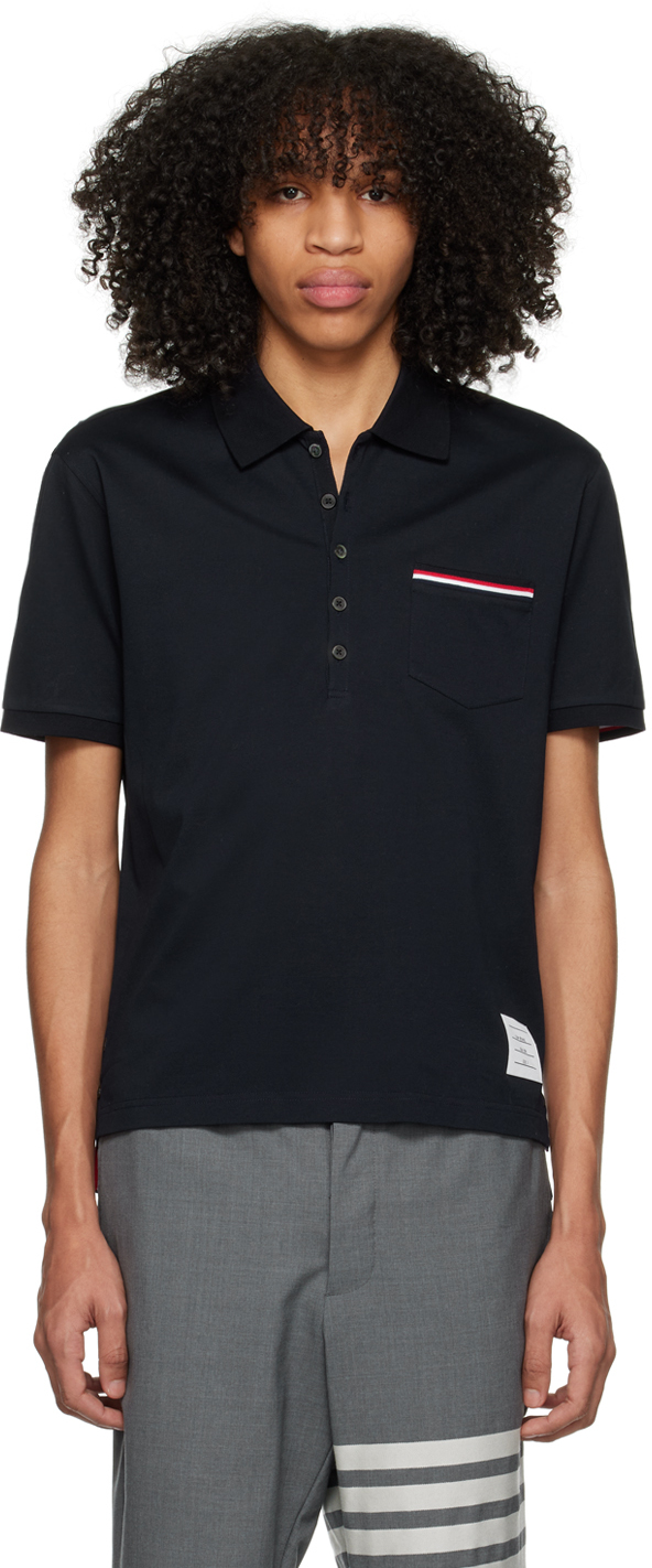 THOM BROWNE NAVY PATCH POCKET POLO