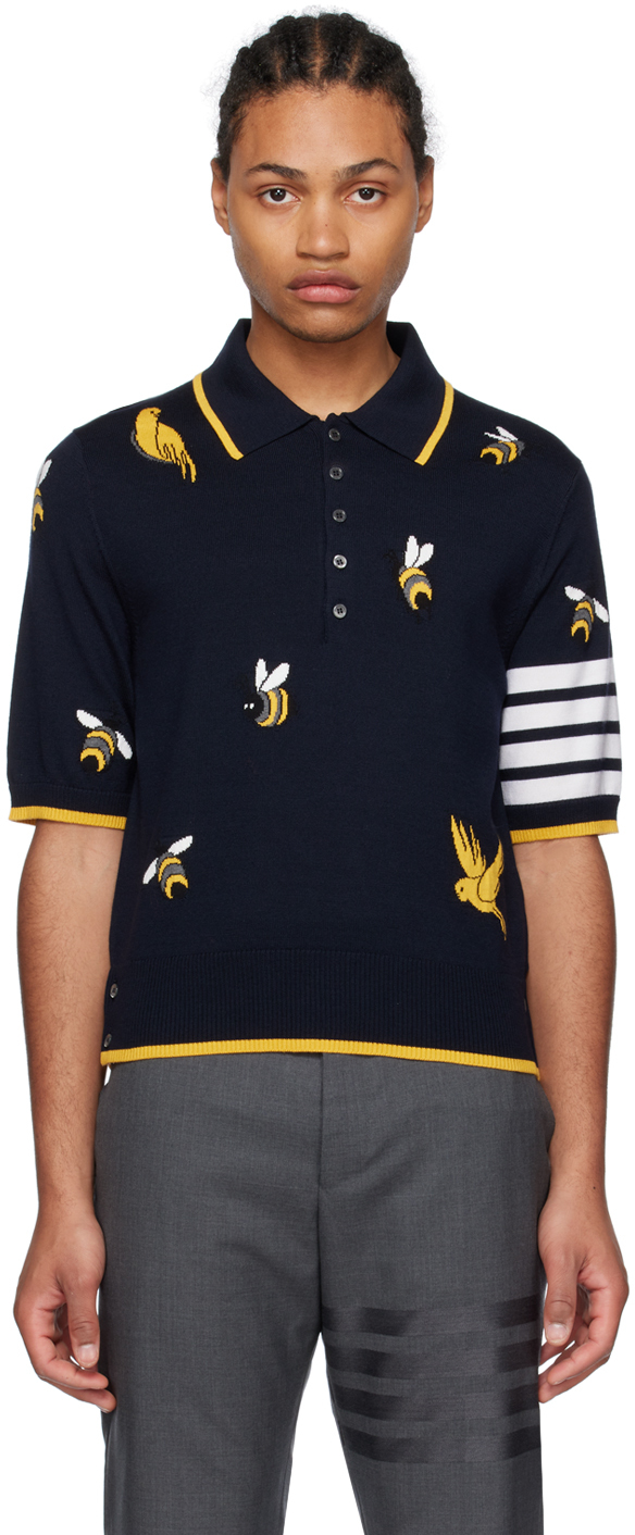 THOM BROWNE NAVY BIRDS & BEES 4-BAR POLO