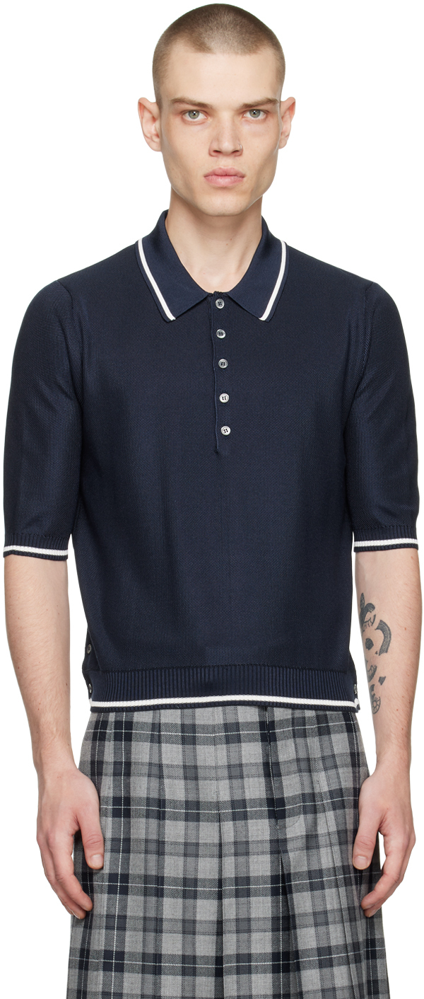 Thom Browne Silk Cotton Pique Tipping Short Sleeve Polo In Blue