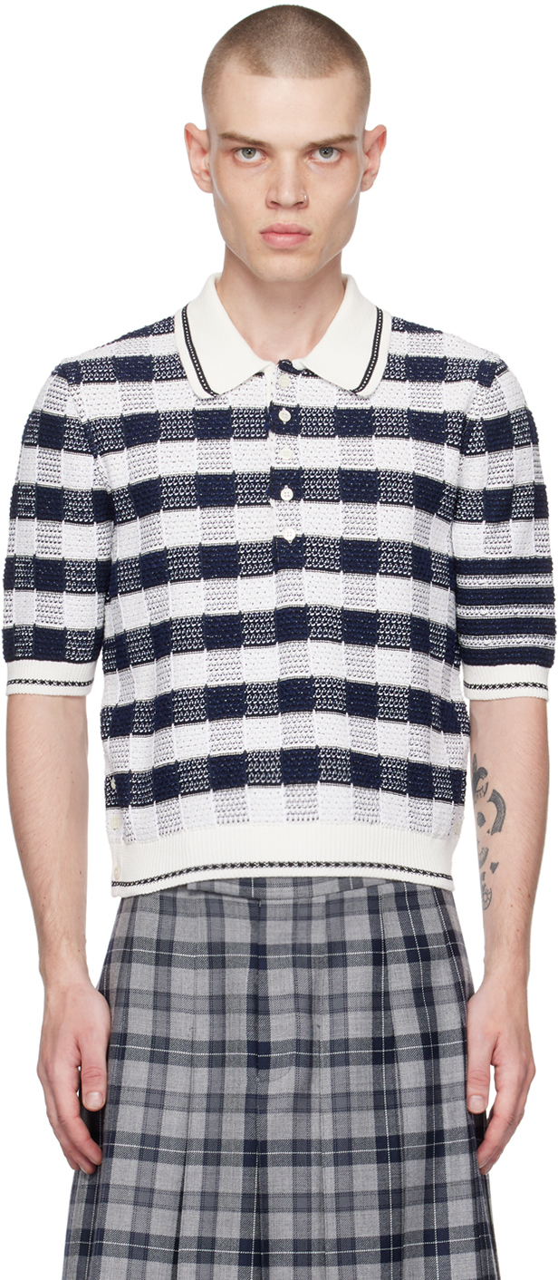 Thom Browne White & Navy Gingham Polo In 415 Navy