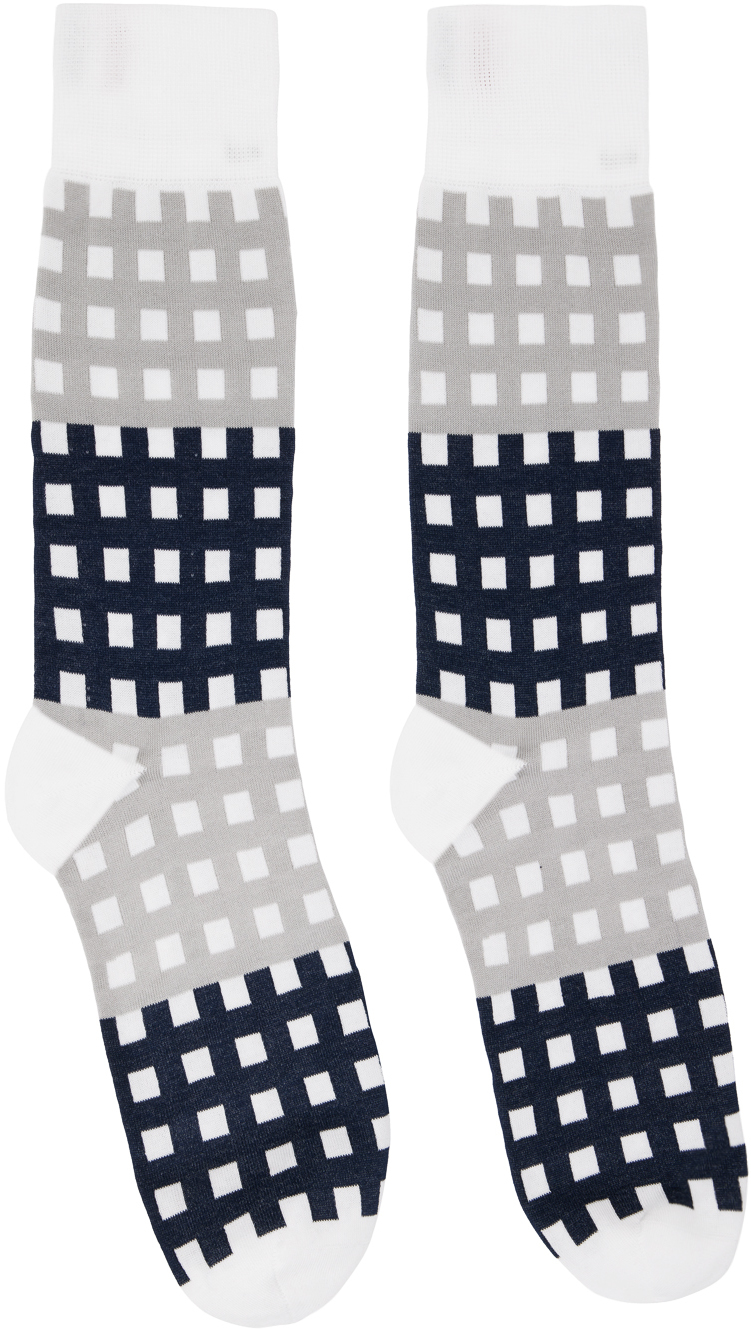 Thom Browne Gray & Navy Gingham 4-bar Socks In 055 Lt Grey