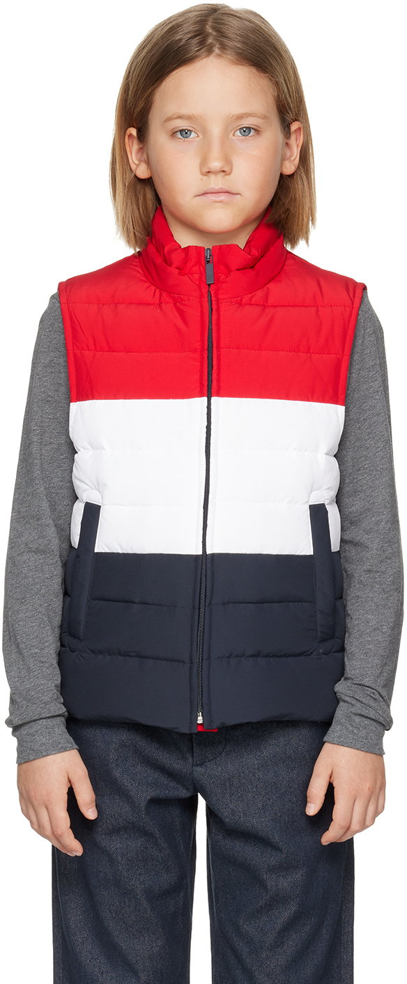 Thom Browne Kids Red & Navy Fun-mix Down Vest In Rwbwht 960