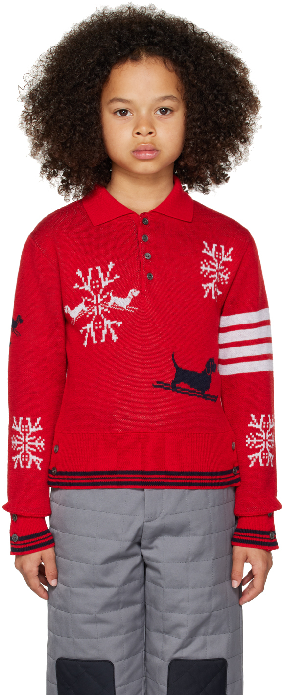 Thom Browne Kids Red Hector Snowflake Long Sleeve Polo In Red 600