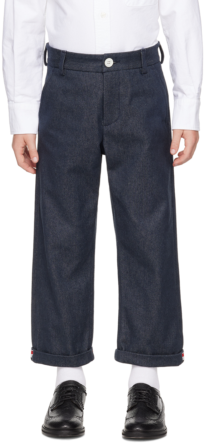Thom Browne Kids Navy Rolled Cuff Denim Trousers In Navy 415