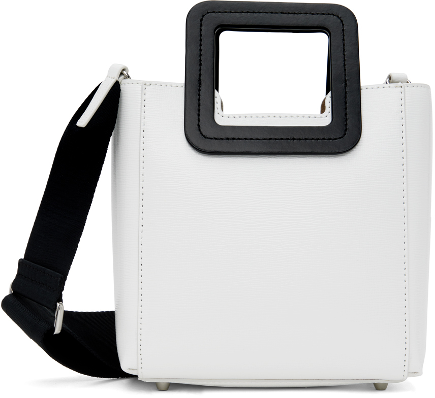 Staud Shirley Mini Square Leather Top-handle Bag In White/black