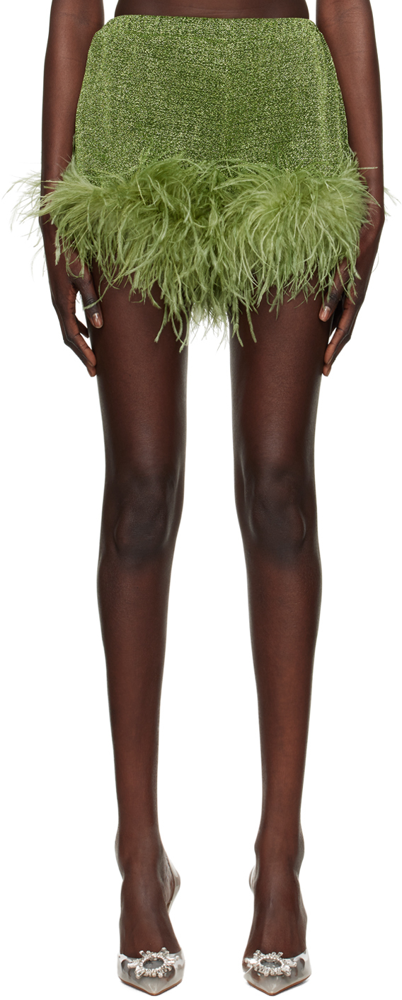 Oseree Kids' 'lumière' Green Loose Shorts With Feather Trim In Lurex Woman Oséree In Verde