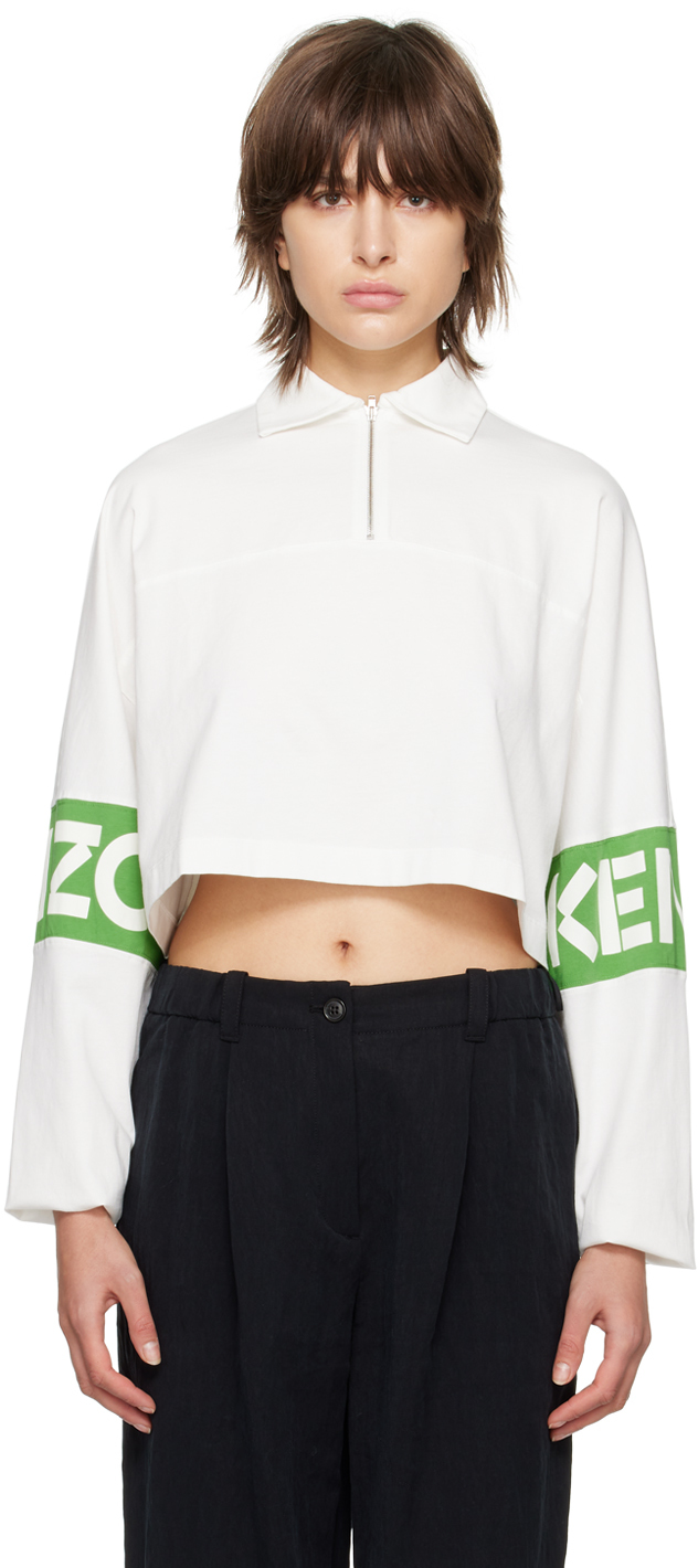 Shop Kenzo Off-white  Paris Cropped Long Sleeve T-shirt In 02 - Off White