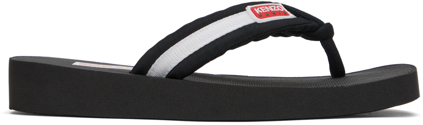 Kenzo Logo-patch Striped Flip Flops In Black