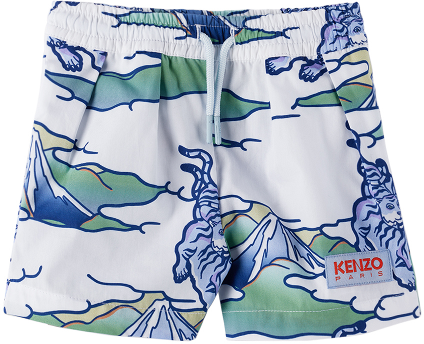 Kenzo Baby White  Paris Graphic Swim Shorts In 791 Bleuglacier