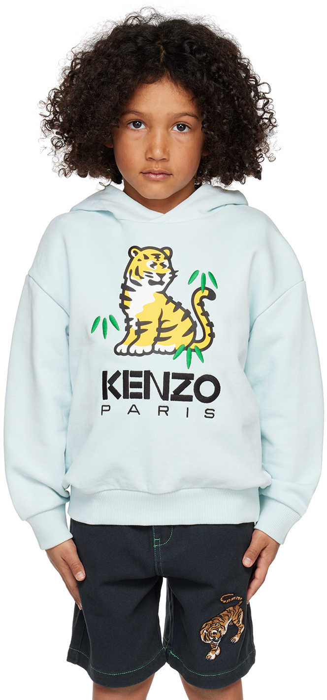 Kenzo Kids' Kotora-print Cotton Hoodie In Pale Blue