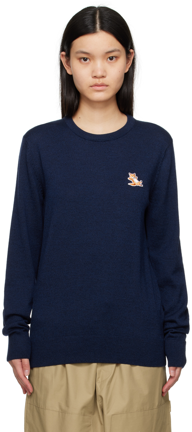 Maison Kitsuné Navy Chillax Fox Sweater In H481 Navy Melange