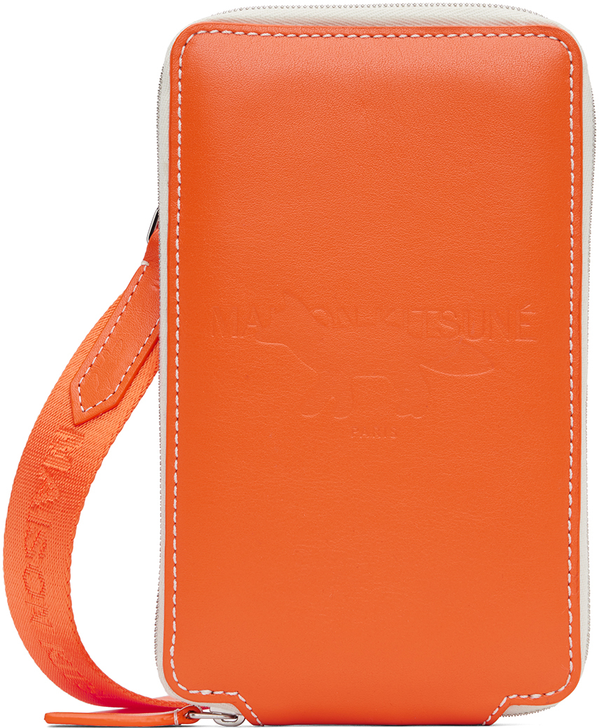 Maison Kitsuné Orange Leather Embossed Pouch In P851 Neon Orange