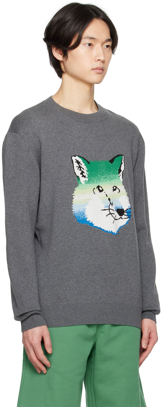 Shop Maison Kitsuné Gray Fox Head Intarsia Sweater In H170 Dark Grey Melan