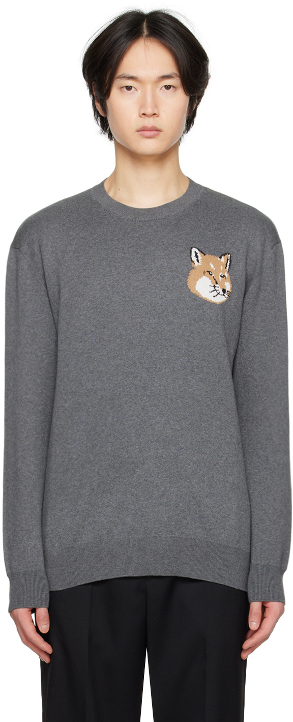 Grey Mélange Sweater with Dressed Fox Intarsia main image 1