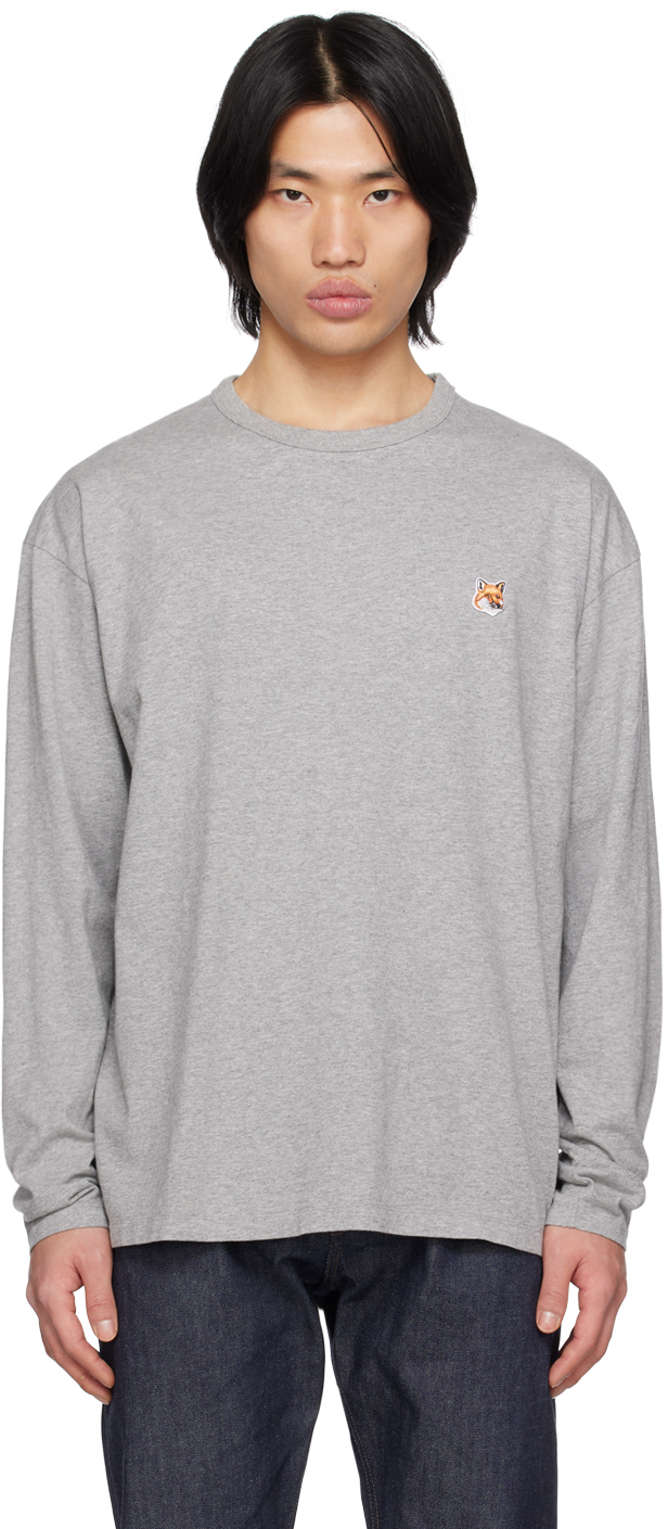 Maison Kitsuné Gray Fox Head Long Sleeve T-shirt In H150 Grey Melange