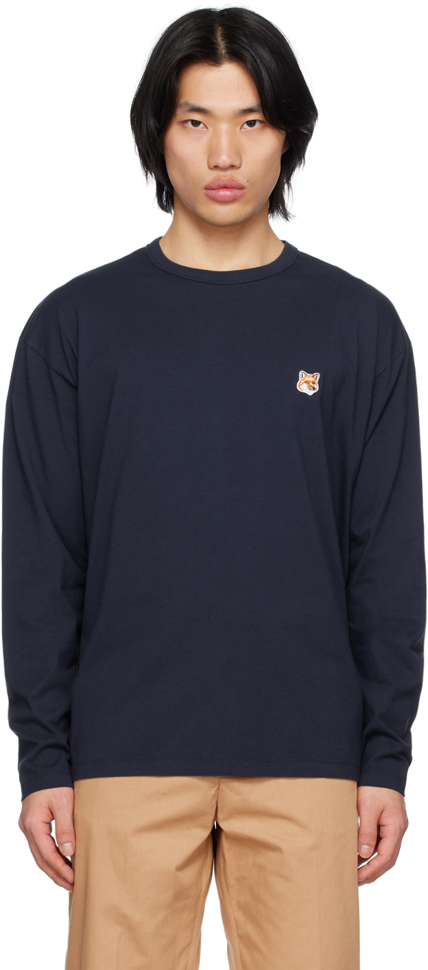 Navy Fox Head Long Sleeve T-Shirt by Maison Kitsuné on Sale