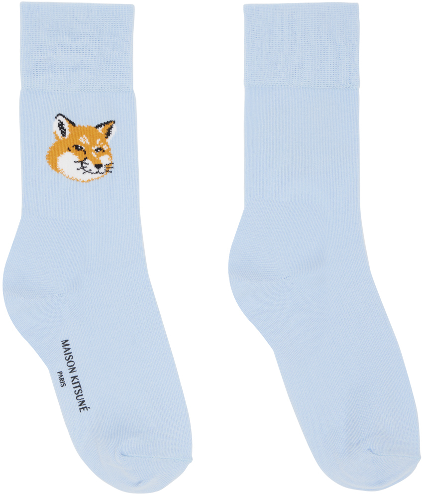 Maison Kitsuné Blue Fox Head Socks In P408 Pale Blue