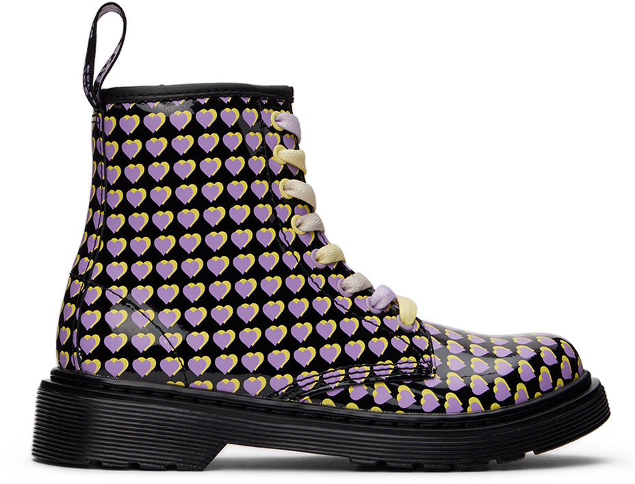 Dr. Martens Junior's 1460 Patent Heart Printed Lace Up Boots In Black