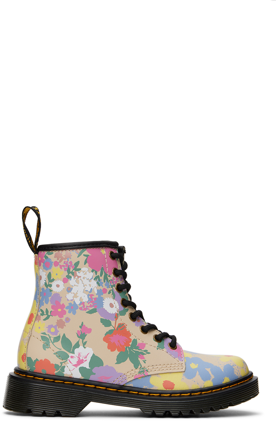 Dr. Martens Youth 1460 Floral Mash Up Leather Lace Up Boots In Parchment Beige